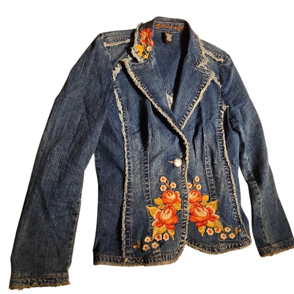 Kikit Jean Jacket Western Womens Vntg Embroidered Floral Denim Frayed Trim L